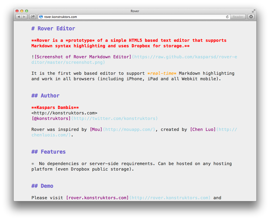 Screenshot of Rover Markdown Editor