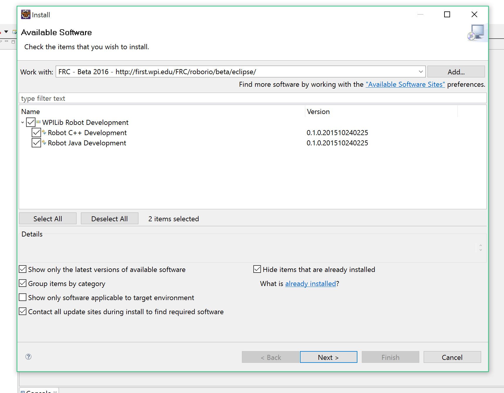 Select the box next to WPILIB Robot Development
