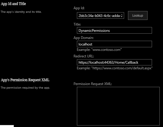 The App Id and Title page. The App Id field contains a GUID. The Title contains DynamicPermissions. The App Domain contains localhost. The Redirect URL contains https://localhost:44363/Home/Callback