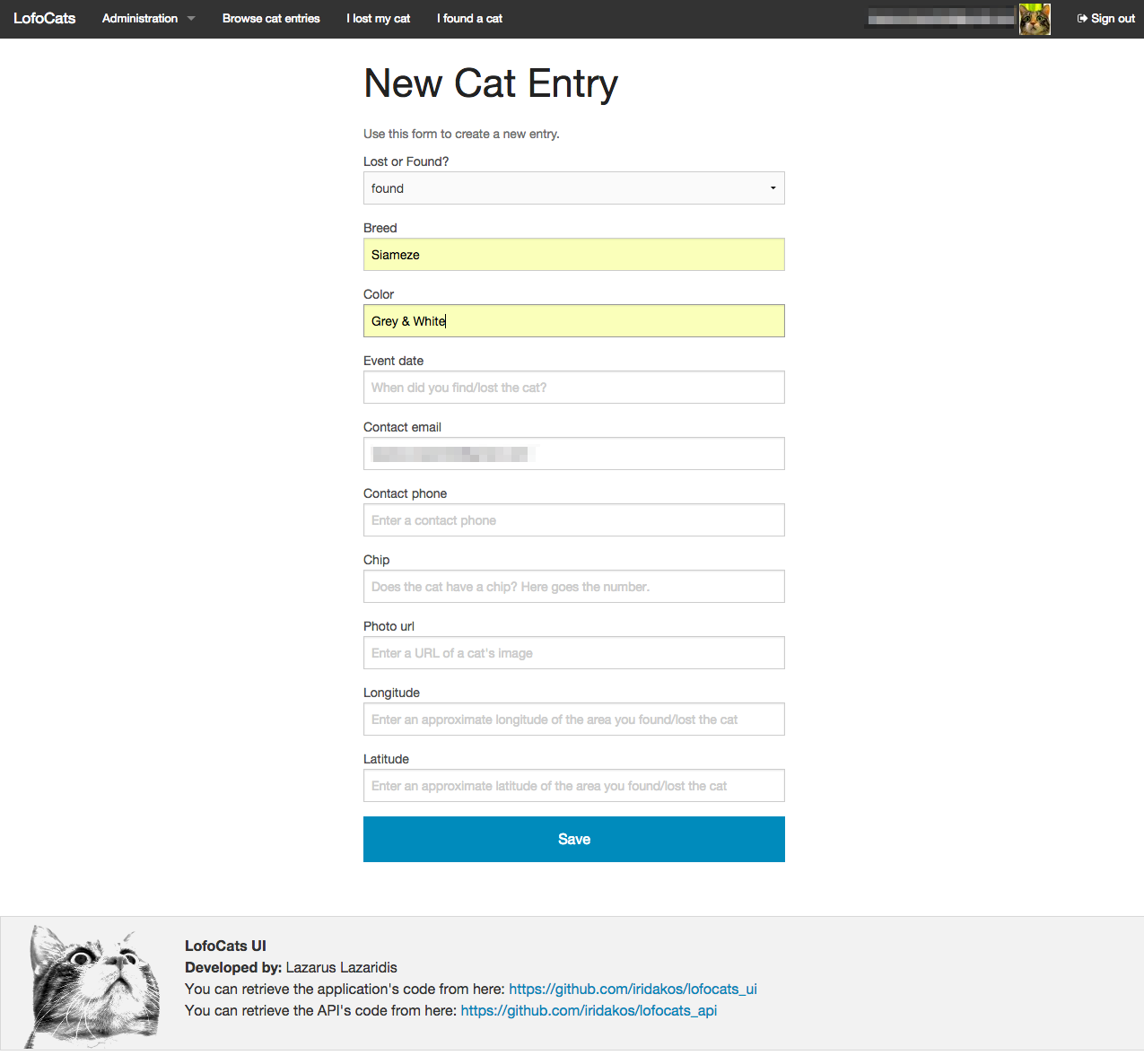 Cat entry form