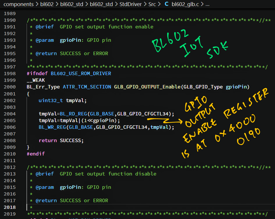 GPIO Output Enable Register is at 0x40000190