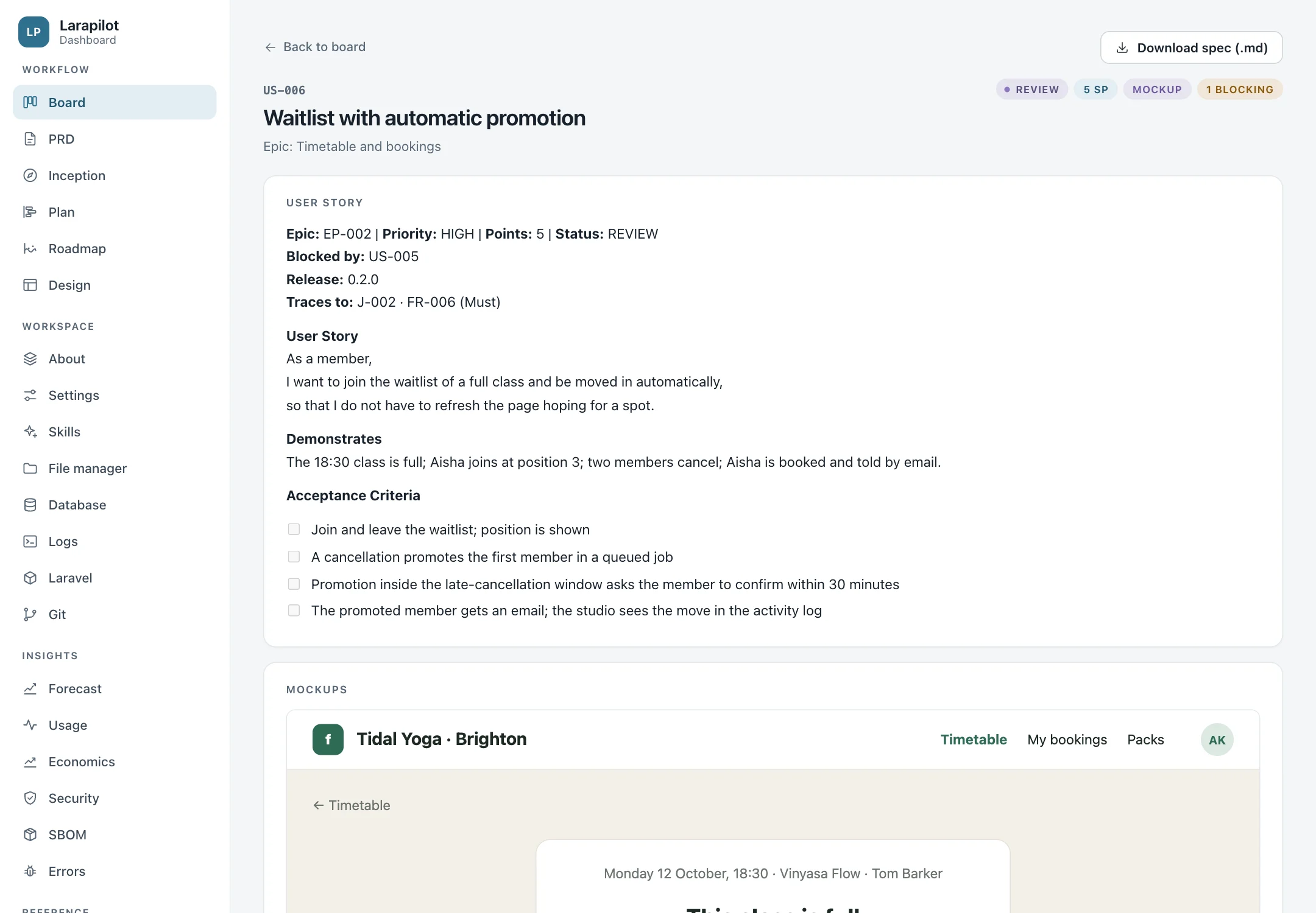 A spec in review with its story, criteria, and mockup