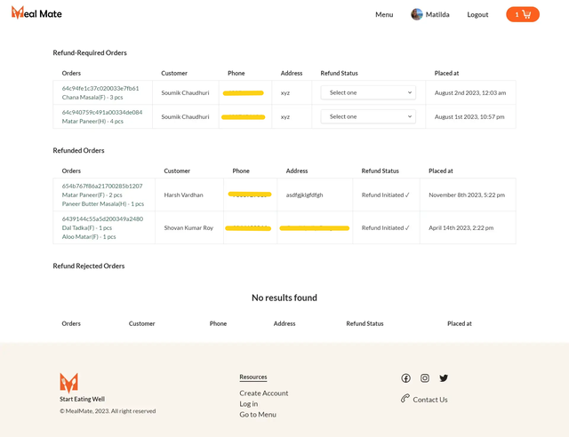 Admin can keep track of Customer's refund status and can issue refund too