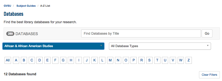 Revised Libguides A-Z filters, one selected