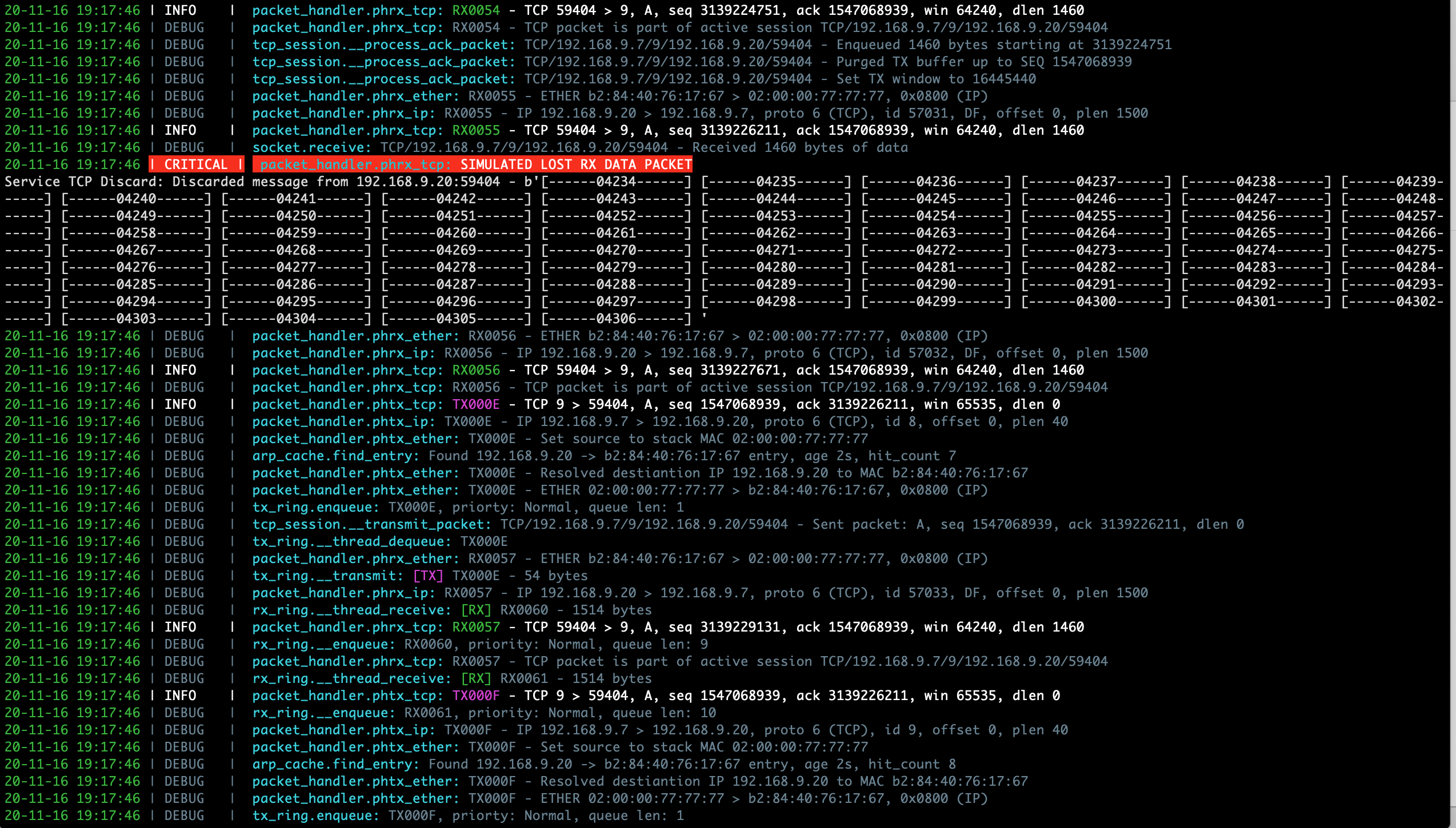 Sample PyTCP log output