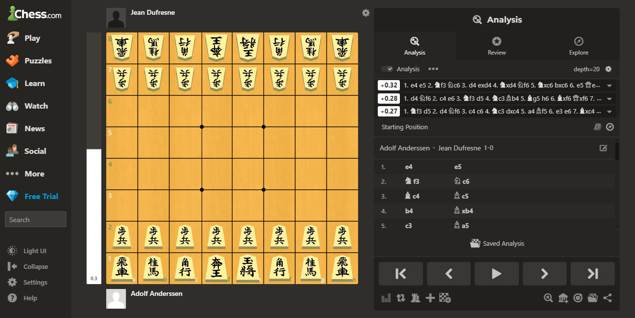 JI Shogi-Themed Chess 2-Kanji chess.com Screenshot Jemierry J.I. Maglinte Jumawan LuffyKudo Evergreen Game Adolf Anderssen Jean Dufresne