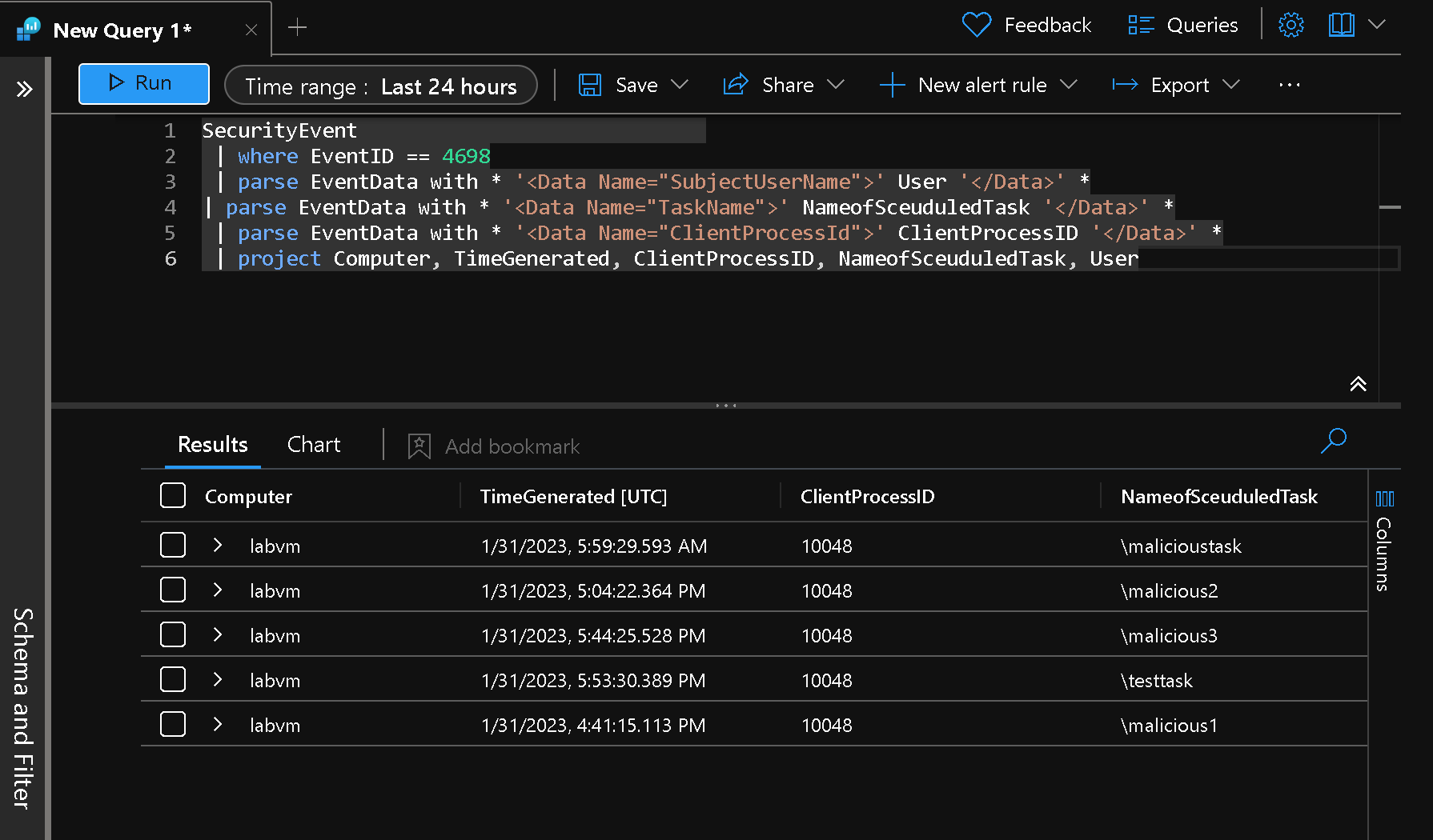 NameofScheduledTask, and ClientProcessID