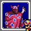 Red faced demon draped in red and blue cape with hand extended
