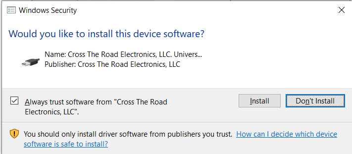 The Windows Security driver installation popup.