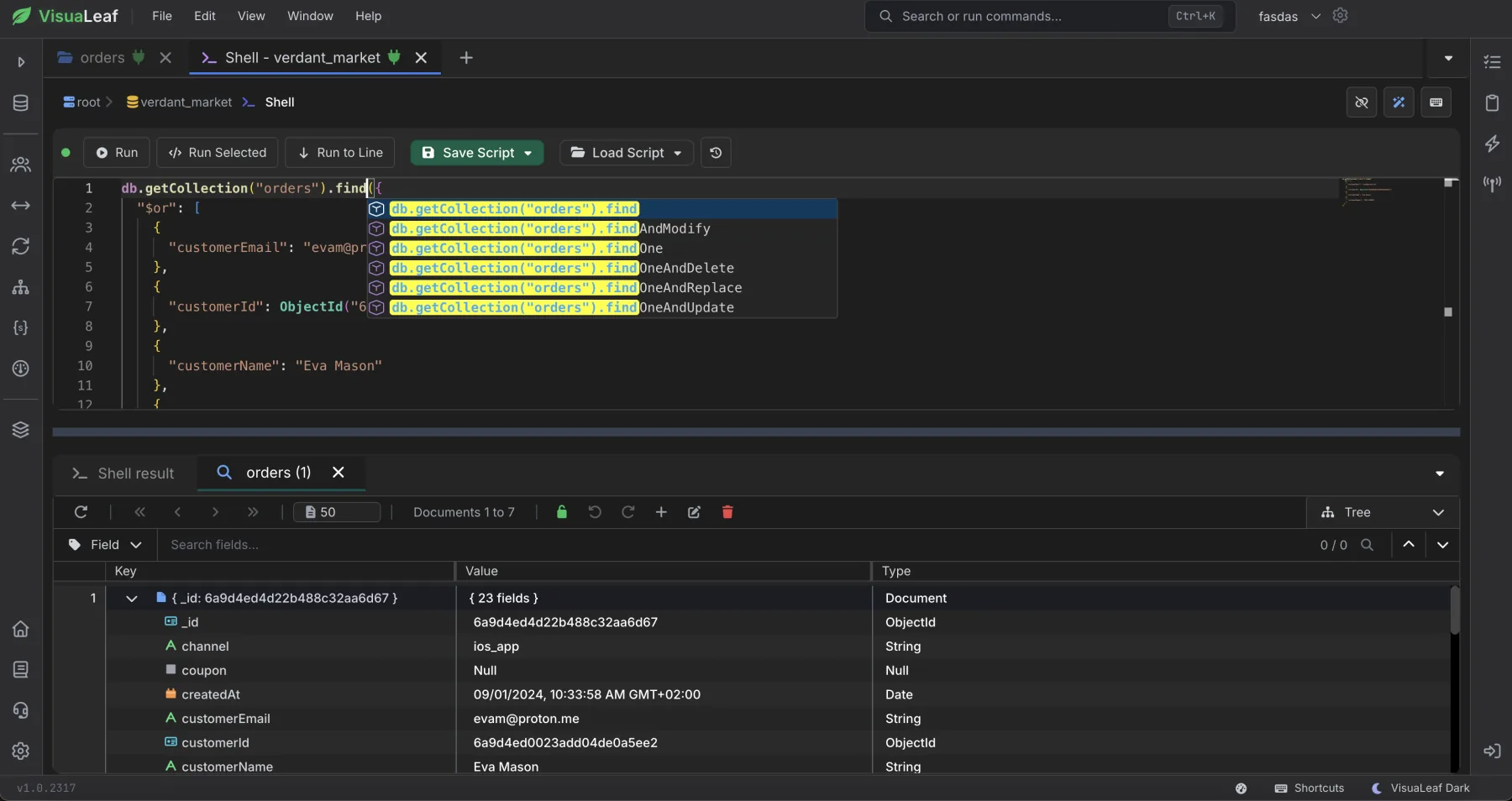 MongoDB shell with visual output in table, tree, and JSON