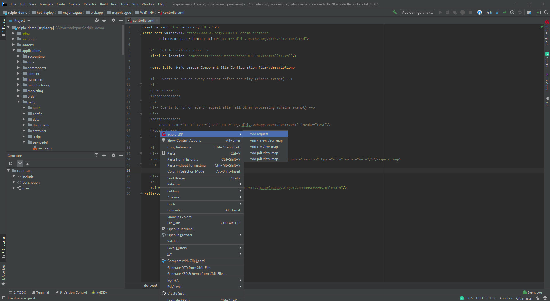 An image showing the auto-insert options for Scipio ERP elements from within the IDE