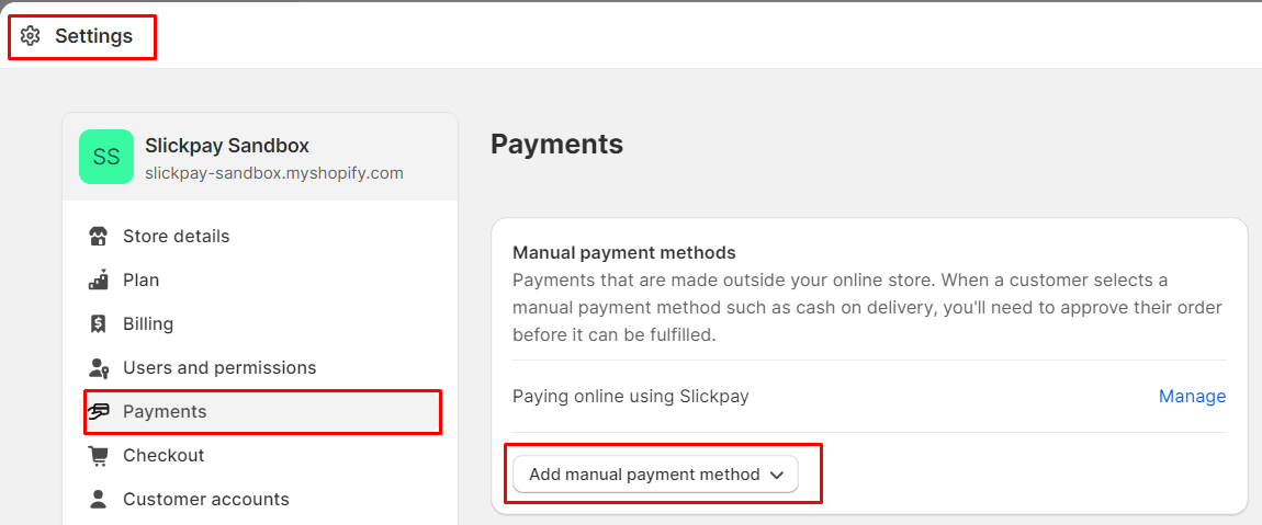 Slick-Pay Shopify Create custom payment method settings