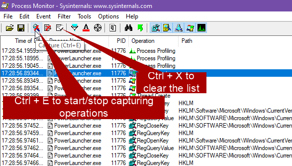 Toggling capturing and clearing the list