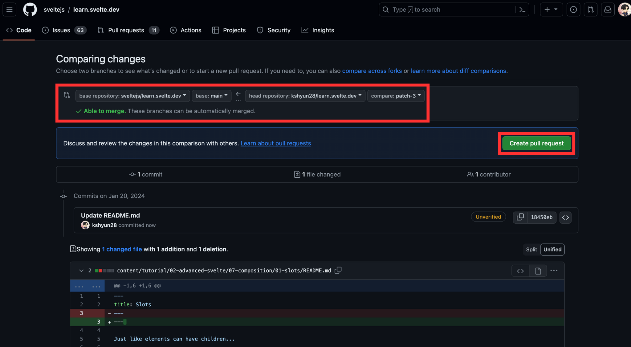 learn.svelte.dev on the GitHub website, create a new branch "patch-3" for the commit. Then compare changes with the main repository and prompt to create a pull request.