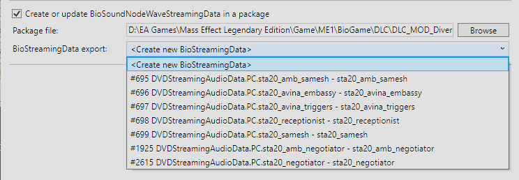 Package selection and BioStreamingData export dropdown