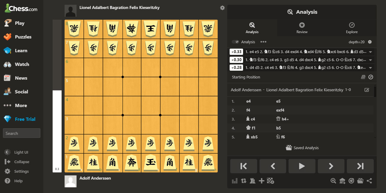 JI Shogi-Themed Chess 1-Kanji chess.com Screenshot Jemierry J.I. Maglinte Jumawan LuffyKudo Immortal Game Adolf Anderssen Lionel Kieseritzky