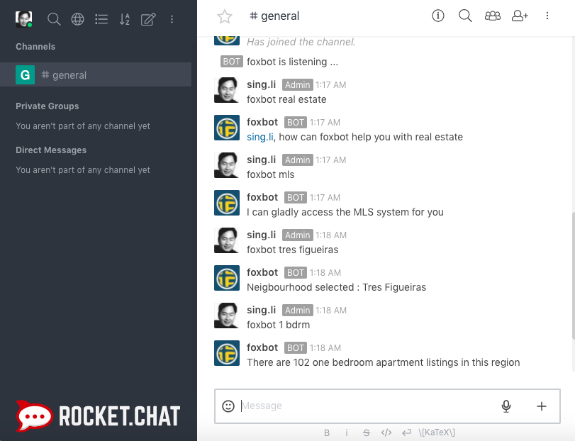 Conversion with the sample BOT in a Rocket.Chat session