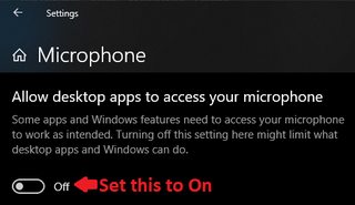 A radio-button toggle for Windows's Microphone settings under "Allow desktop apps to access your microphone"