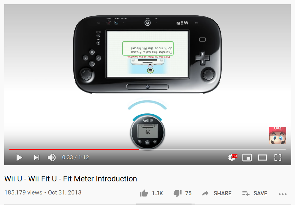 screenshot from a Wii Fit U promo video, showing a small pedometer communicating with the Gamepad's IR blaster