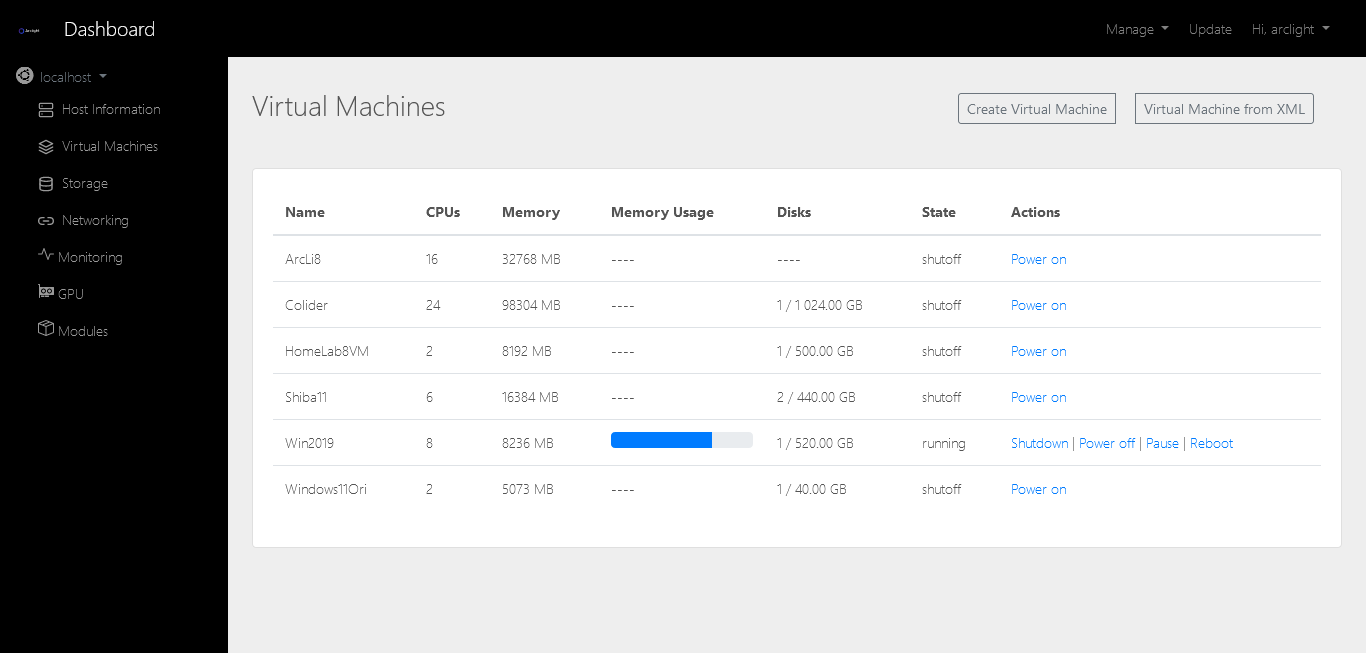 Arclight Create virtual machine