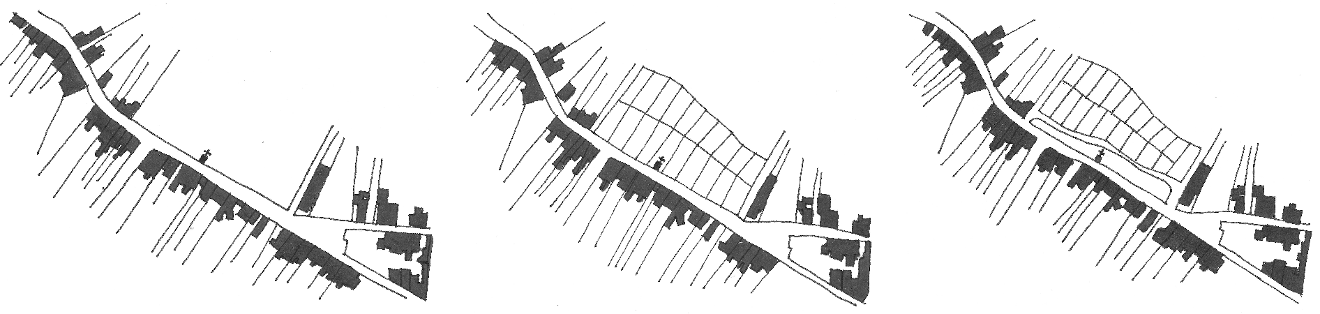 Unexecuted infill subdivision project in the Alto das Cabeças neighbourhood, Ouro Preto, Brazil, 1965. Left: pre-existing conditions; middle: planning application; right: as approved by the National Heritage Institute (Iphan). Redrawn in @salgado:2010ouro after @motta:1987sphan22