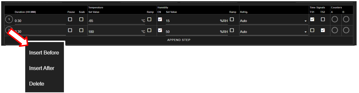 Adding a new step via the drop-down menu