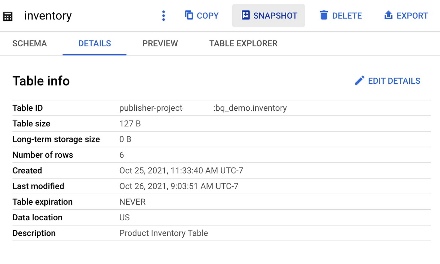 BigQuery Snapshot