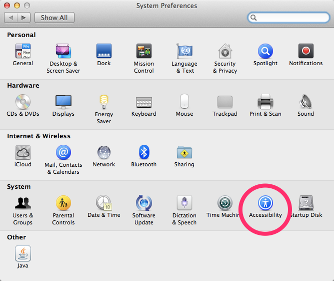 OSX System Preferences screen, with the Accessibility menu item circled in pink