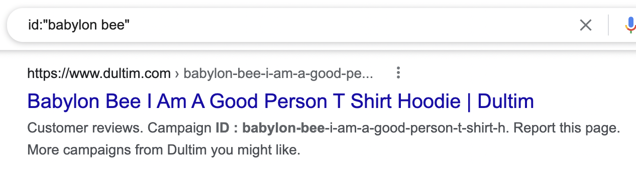 An entry in [id:"babylon bee" - Google Search] - Example of Google Search treating "id" as another query keyword