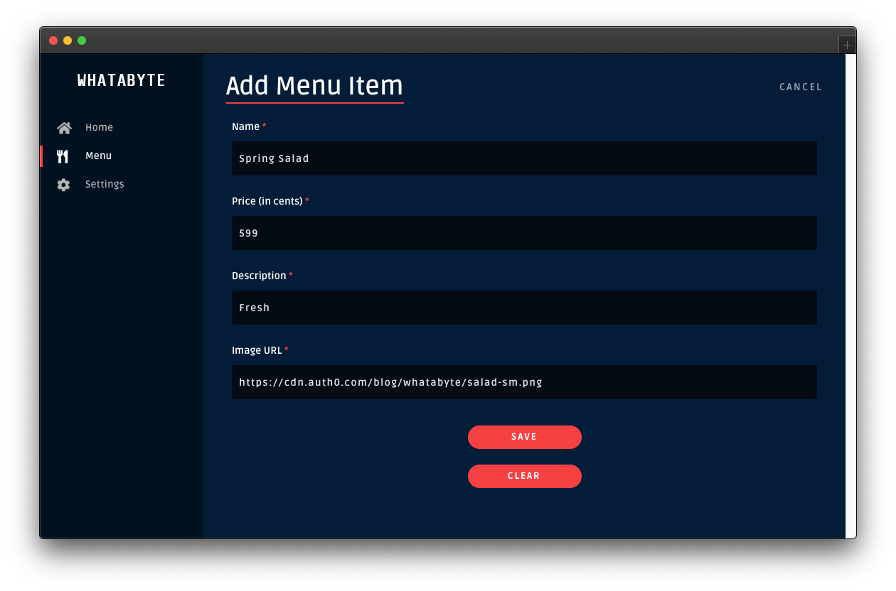 Page to add a menu item