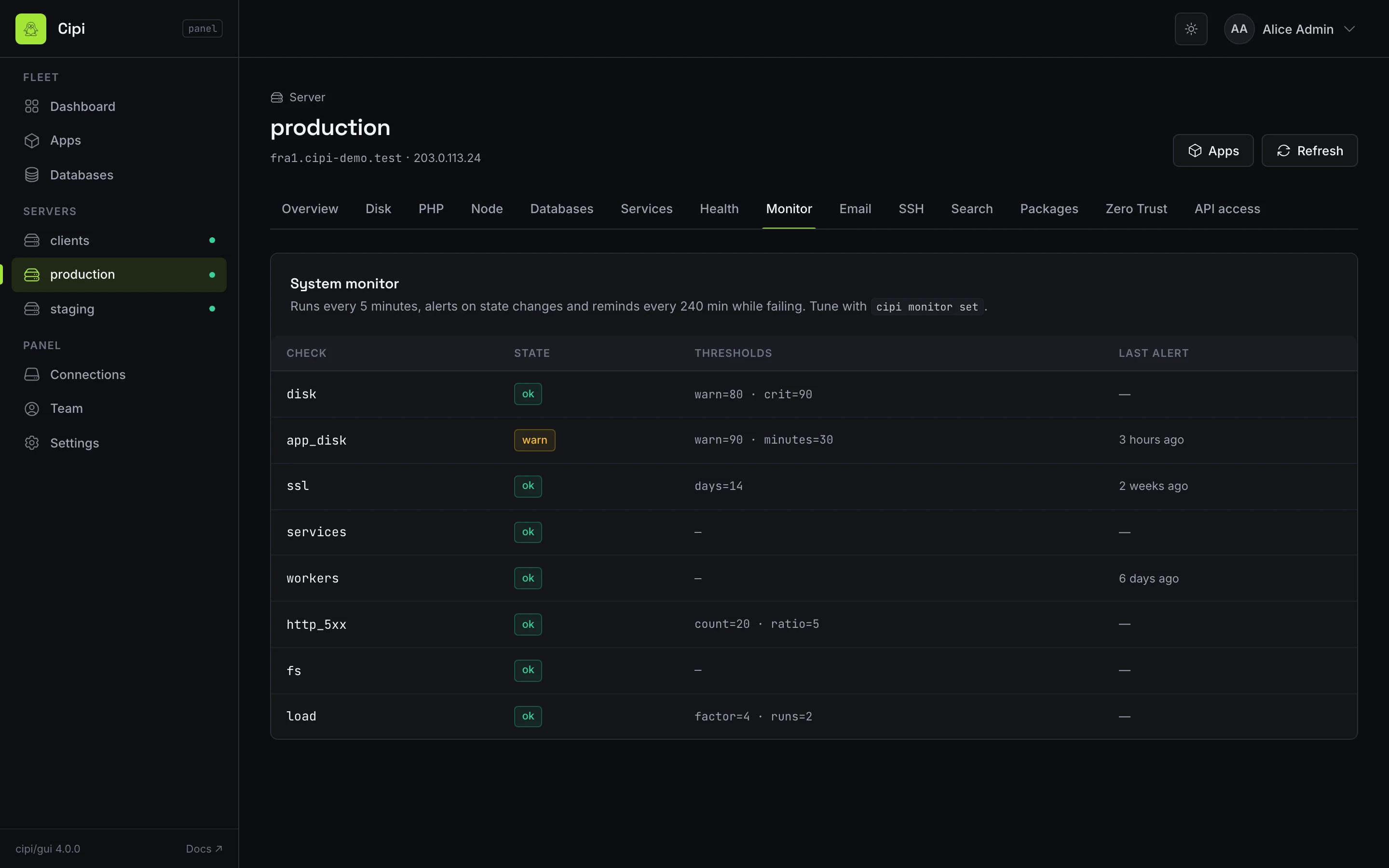 Server monitor page