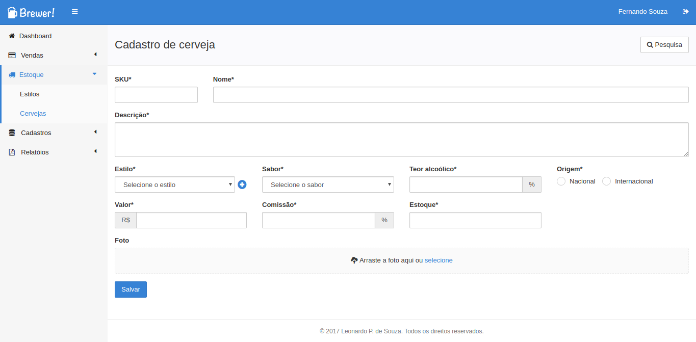 Tela de cadastro de cerveja
