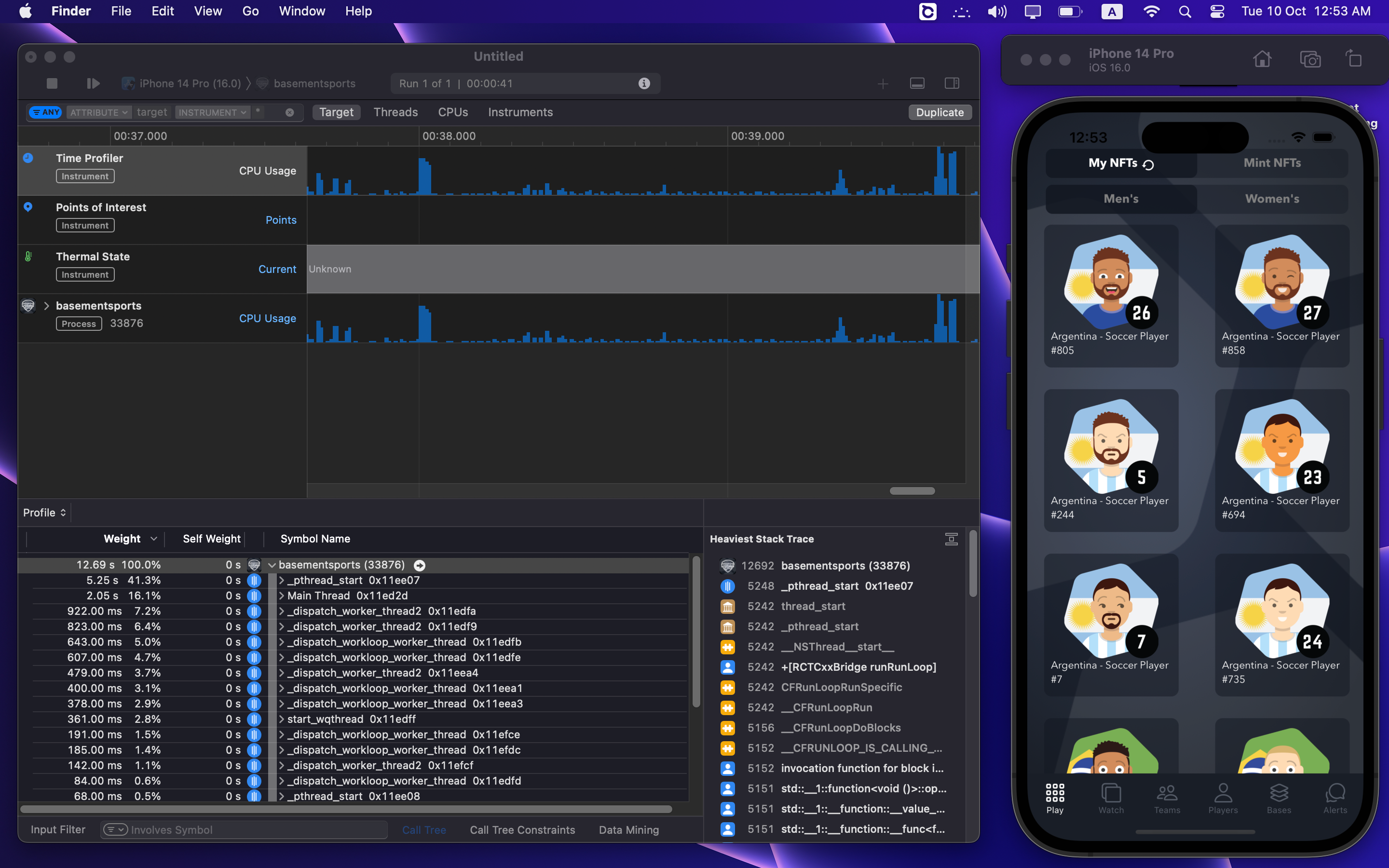 Started Time Profiler & loaded a list of items in App to check list performance.