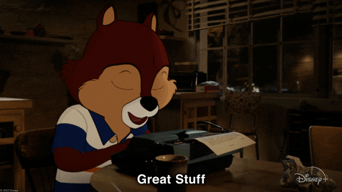 Cartoon Chip and Dale character in an office saying 'great stuff'