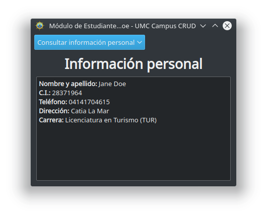 Ventana de información personal del estudiante (usuario janedoe)