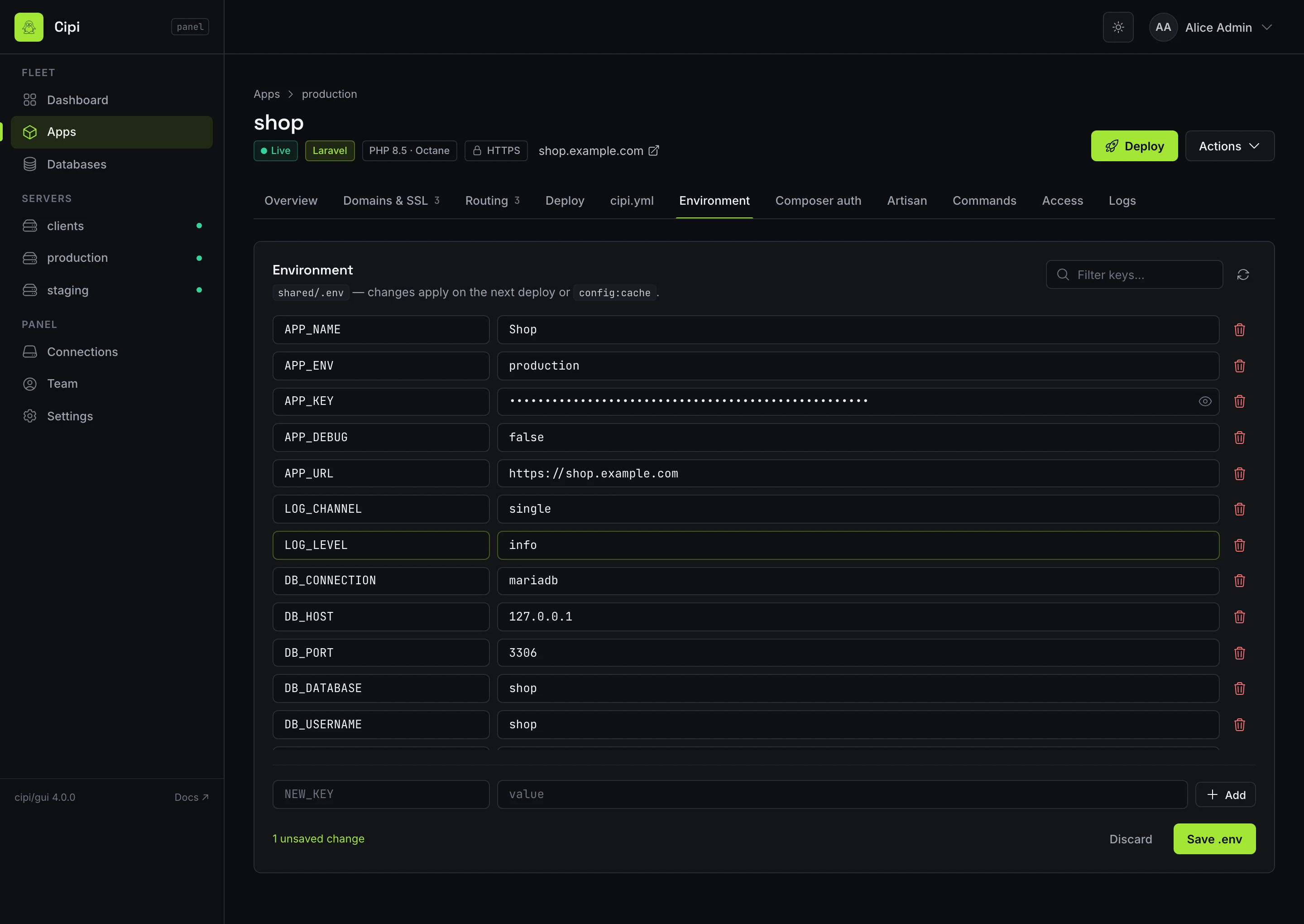Environment editor with masked secrets