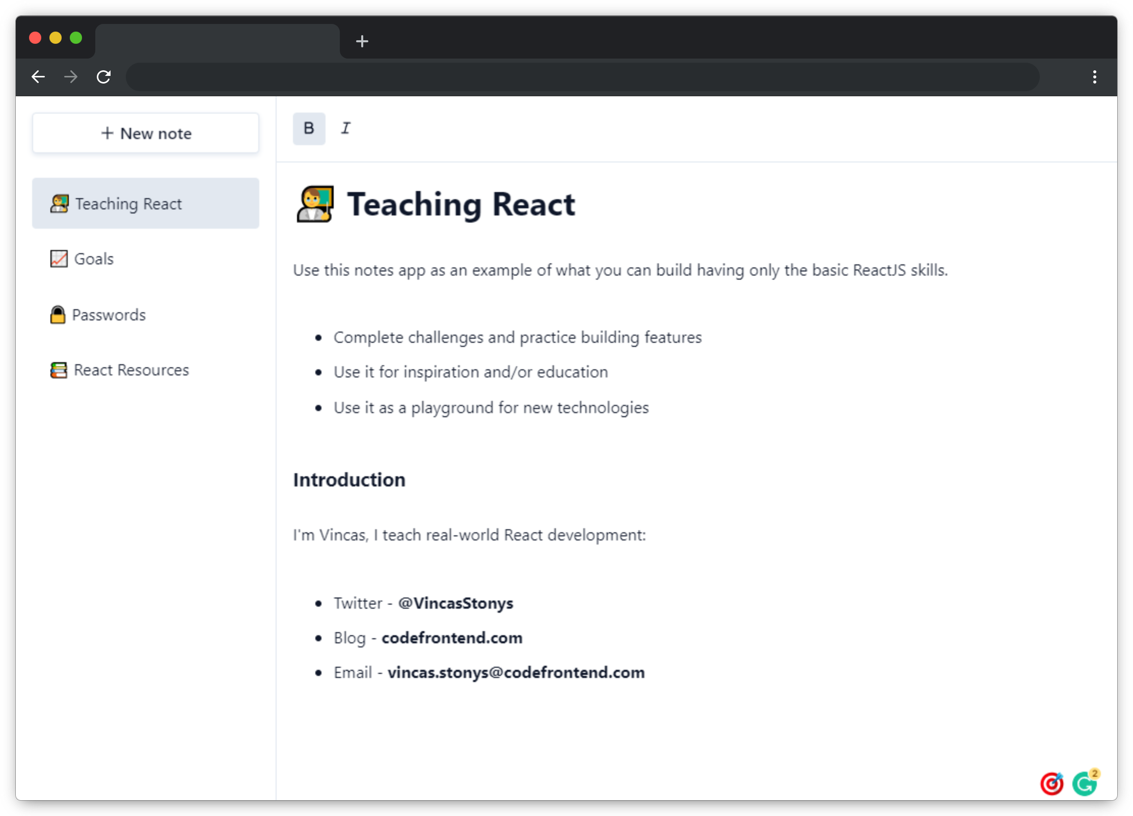 React e2e notes educational app interface
