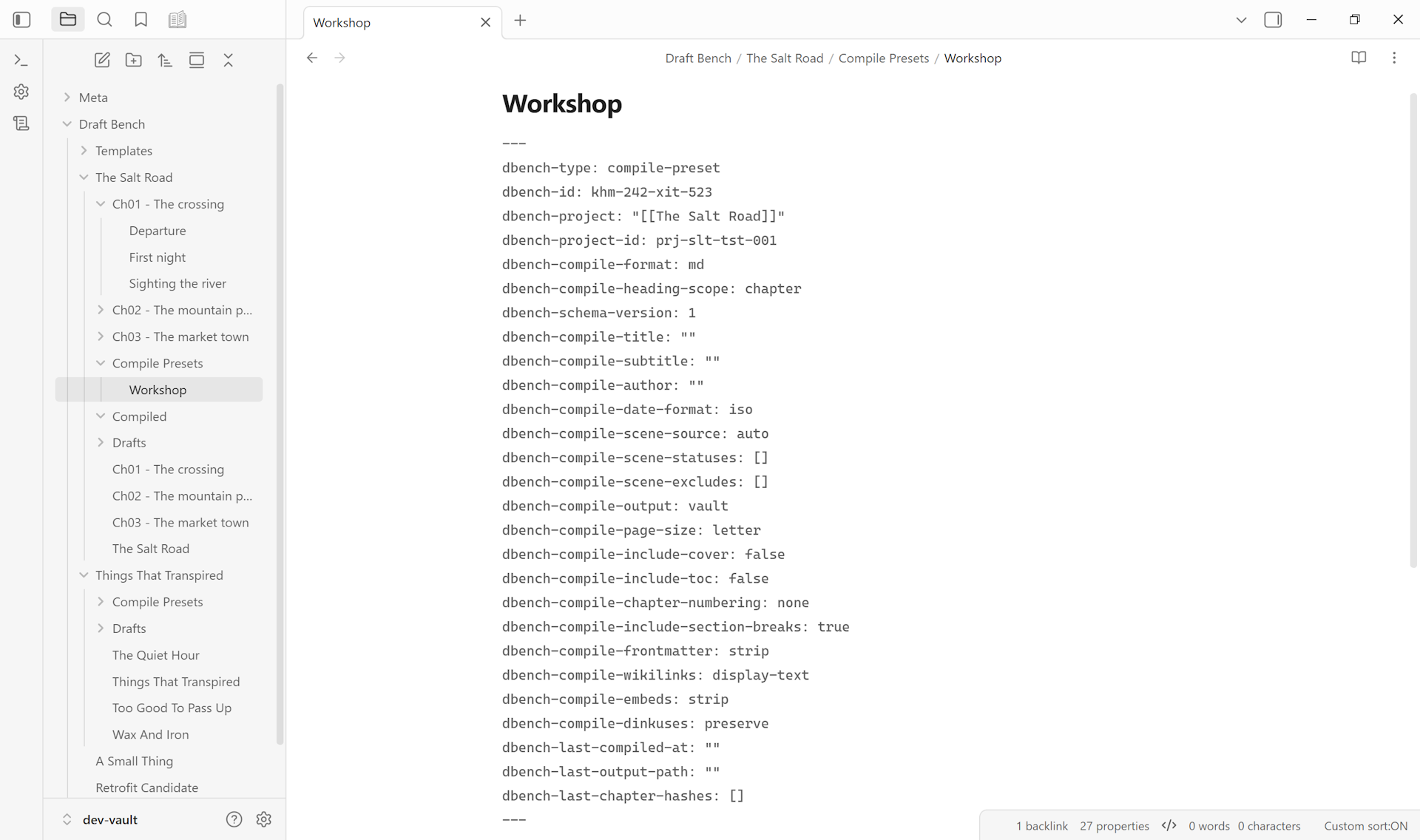 A Draft Bench compile preset note open in Obsidian's Properties panel, showing the dbench-compile-* fields for output format, heading scope, frontmatter handling, embeds, dinkuses, and other content-handling rules.