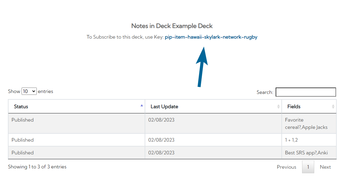 A blue arrow pointing to the subscription key of a deck on the AnkiCollab website.