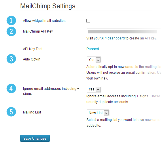 1. Allow sub-sites to use the widget. 2. Your MailChimp API key. 3. Select whether users should be opted in automatically. 4. Ignore duplicate email accounts. 5. Select your mailing list.