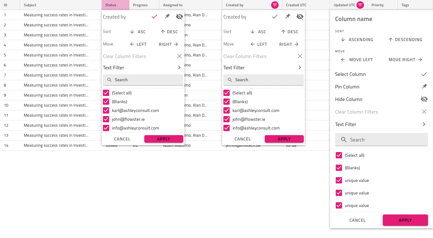 Excel Style Filter with Column Selection