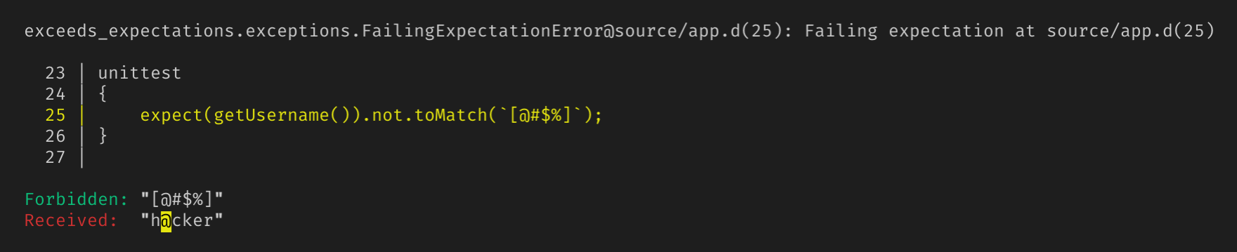 Console output of a failing expectation showing the expected value, the received value, and a snippet of code surrounding the expectation.