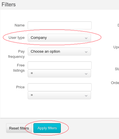 Filters of packages table