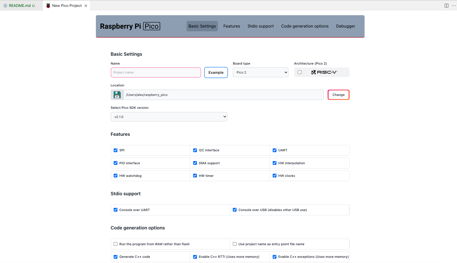 First project feature settings