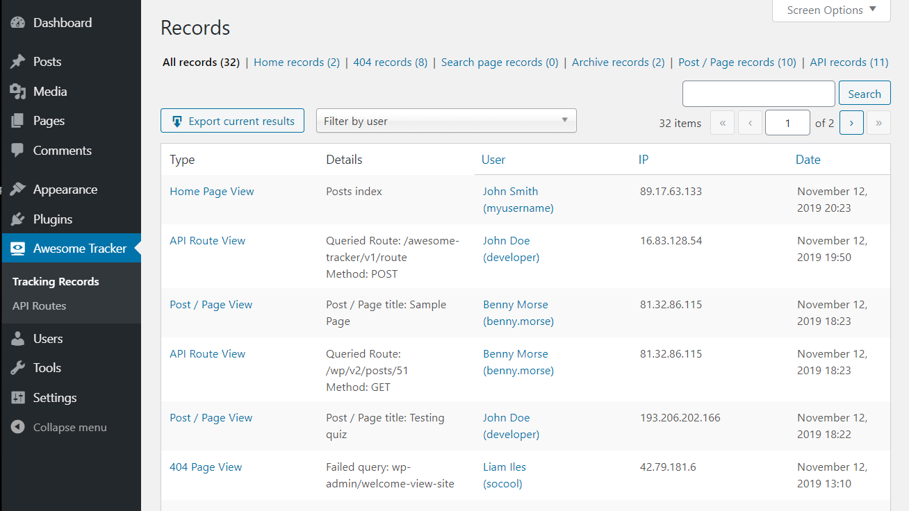 Tracked records table