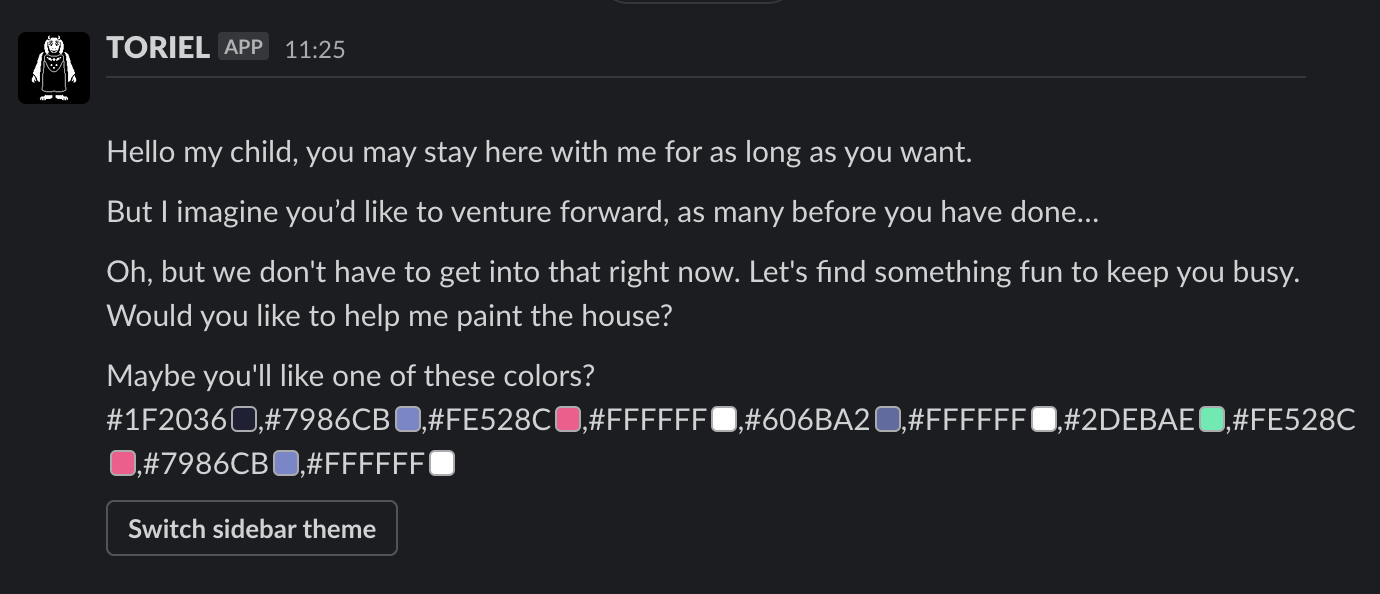 Toriel DMing you about how to change Slack themes