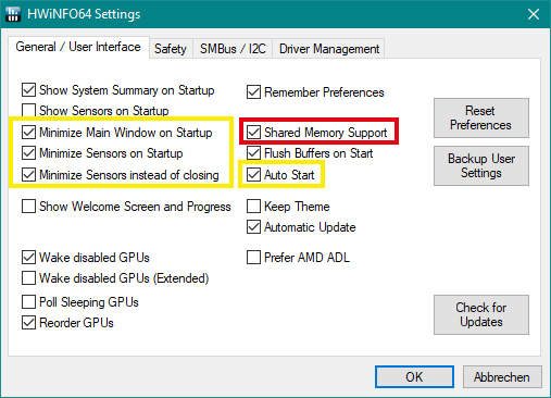 Picture of the settings window of HWiNFO