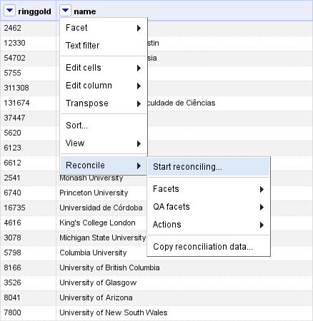 Screenshot of the reconciliation menu