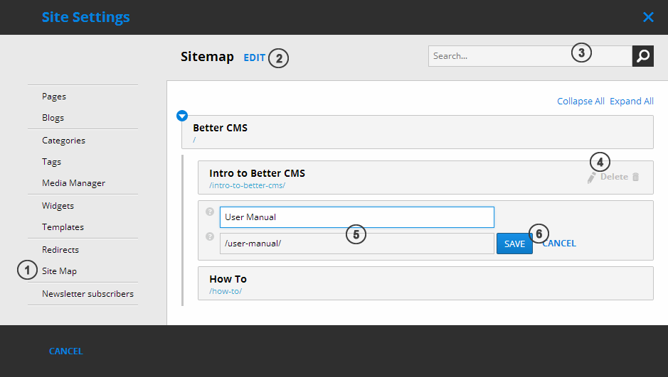 Sitemap in Site Settings