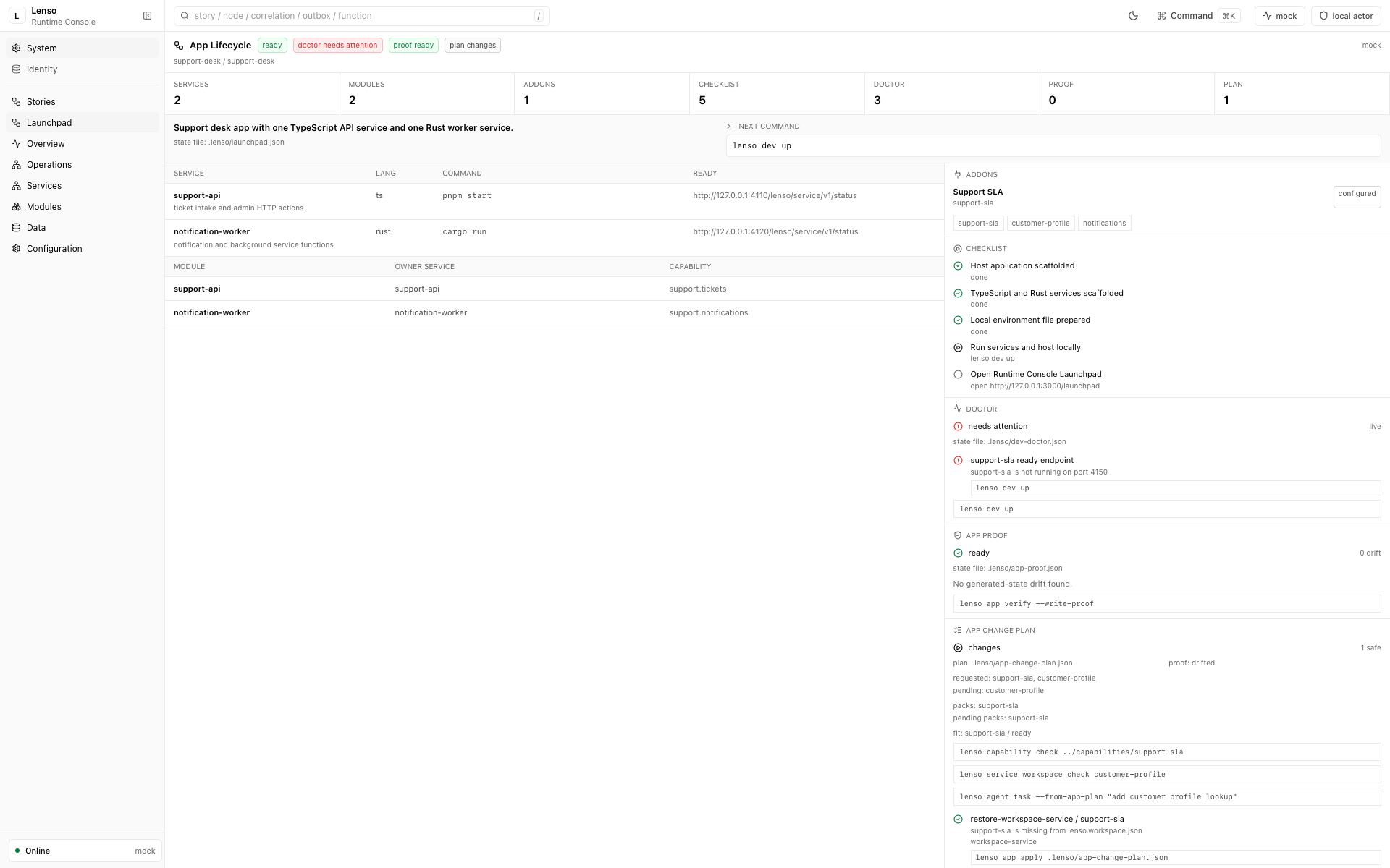 Runtime Console App Lifecycle view showing services, modules, Doctor checks, App Proof, and next actions
